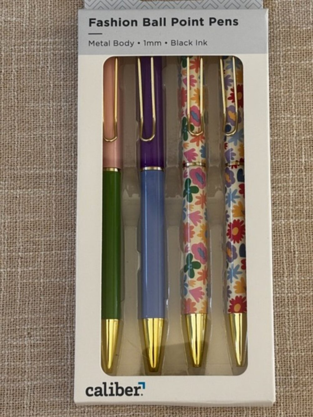 Caliber Fashion Ballpoint Pen Set 4 Pack Floral Colorblock Black Ink Gold Tone